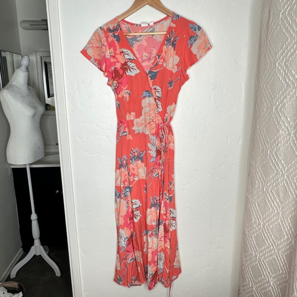 Gap Womens Coral Pink Floral Short Sleeve True Wrap Midi Dress Size Small - Picture 2 of 9